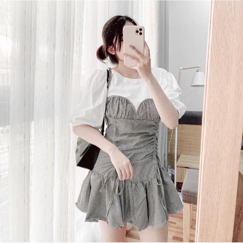 038 - Đầm caro rút cổ tròn khóa kéo sau