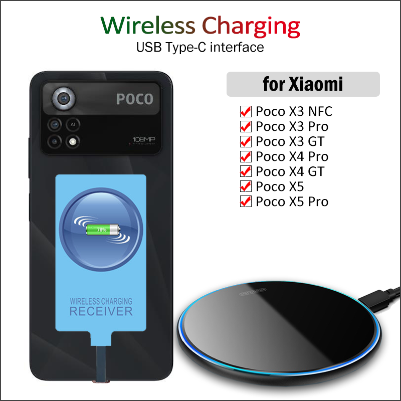 Bộ thu sạc không dây QI cho Xiaomi Poco X5 X4 X3 Pro NFC PoCo X4 GT Bộ sạc không dây+Bộ điều hợp USB Type-C