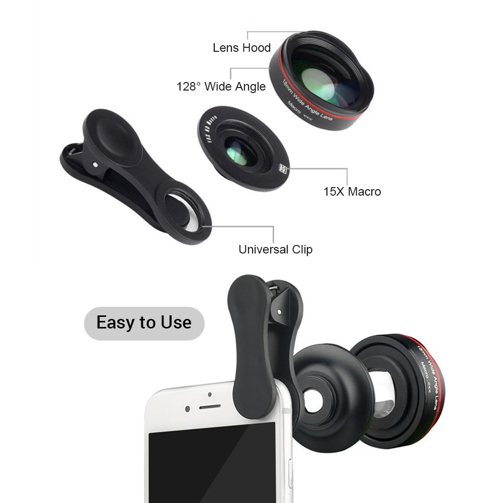 5K Ultra HD Smartphone Camera Lens 18mm 128° Wide-angle 15X Macro Phone Lens Distortionless with Universal Clip