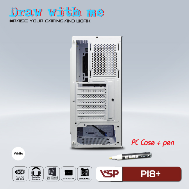 Vỏ máy tính Case VSP P18+ [TRẮNG] kèm bút dạ quang ~ kính cường lực (Không FAN - ATX, Micro-ATX, ITX) - Hàng chính hãng TECH VISION phân phối