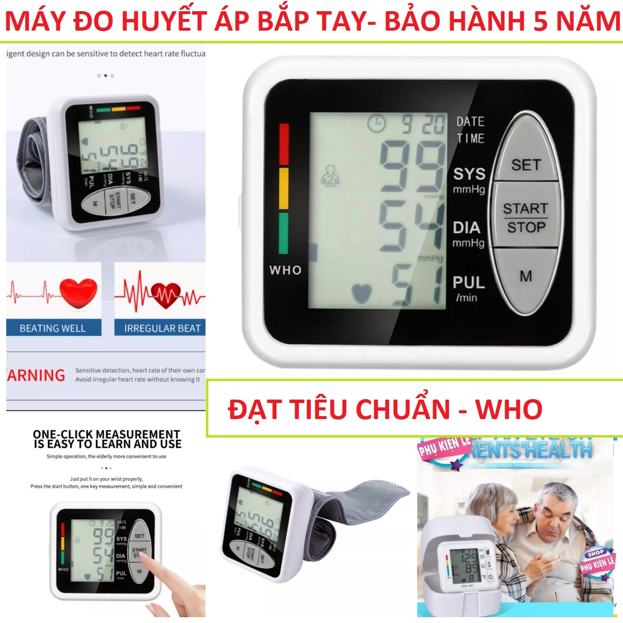 Máy đo huyết áp nhịp tim cổ tay màn hình led điện tử mẫu mới loại tốt siêu chính xác đạt Tiêu chuẩn WHO