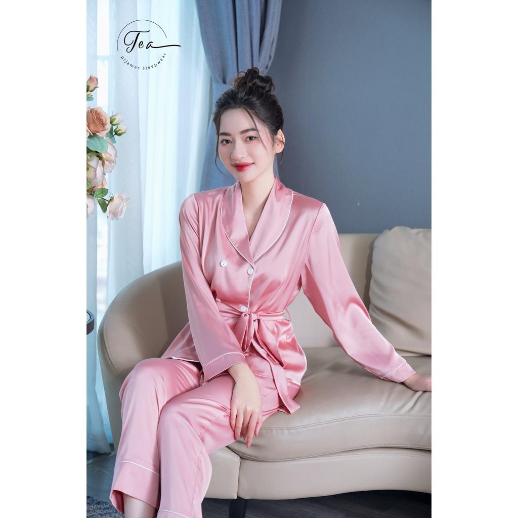 Bộ mặc nhà Pyjama lụa cao cấp Tea Store cổ sam tay dài màu Hồng siêu sang