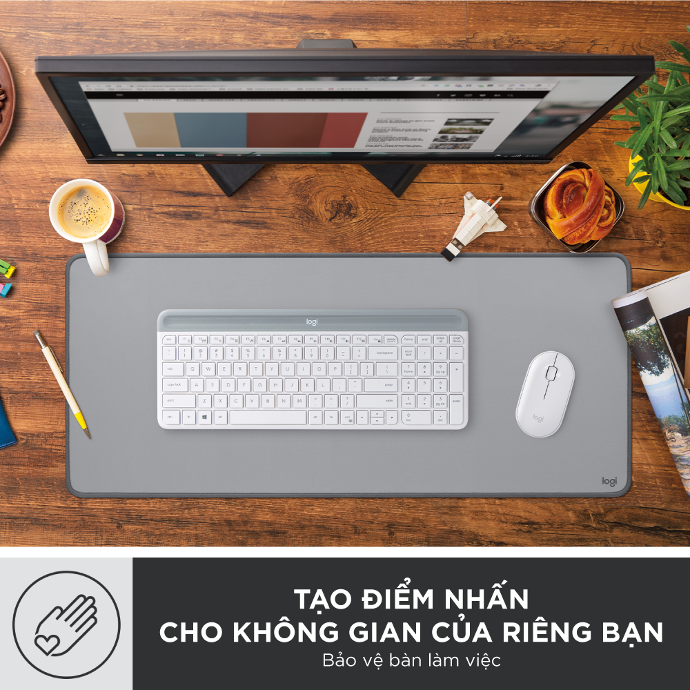 Bàn di chuột cỡ lớn Logitech Desk Mat - Đế cao su chống trượt, lướt dễ dàng, bề mặt chống đổ tràn, bền bỉ, nhỏ gọn - Màu