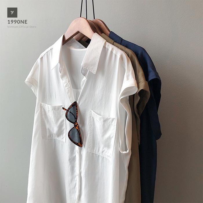 Áo sơ mi thô Linen nữ form rộng cổ bẻ 2 túi ngực trẻ trung LAHSTORE, phong cách Hàn Quốc