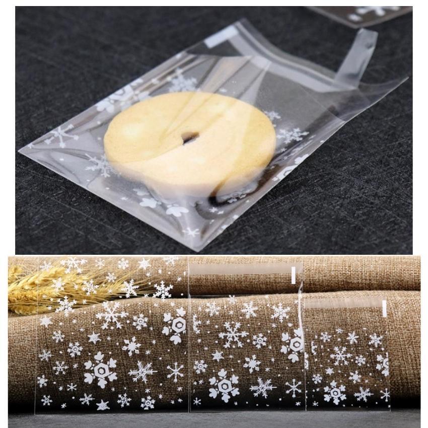 Túi Đựng Bánh Quy Kẹo Trong Suốt Keo Dán Phong Cách Giáng Sinh Noel Bông Tuyết SET 100 Túi