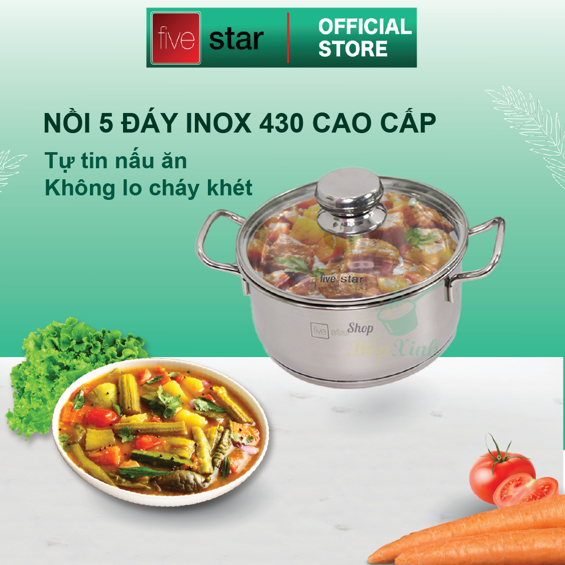 Bộ Nồi 5 Đáy Cao Cấp Bếp Từ Fivestar FSB55D001 Nắp Kính Inox 430 ( 1 quánh16cm x N18cm x N20cm x N24cm x C 24cm ) , tặng 1 vá canh