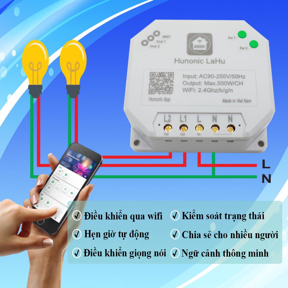 Công tắc thông minh LAHU 2 Kênh 500w