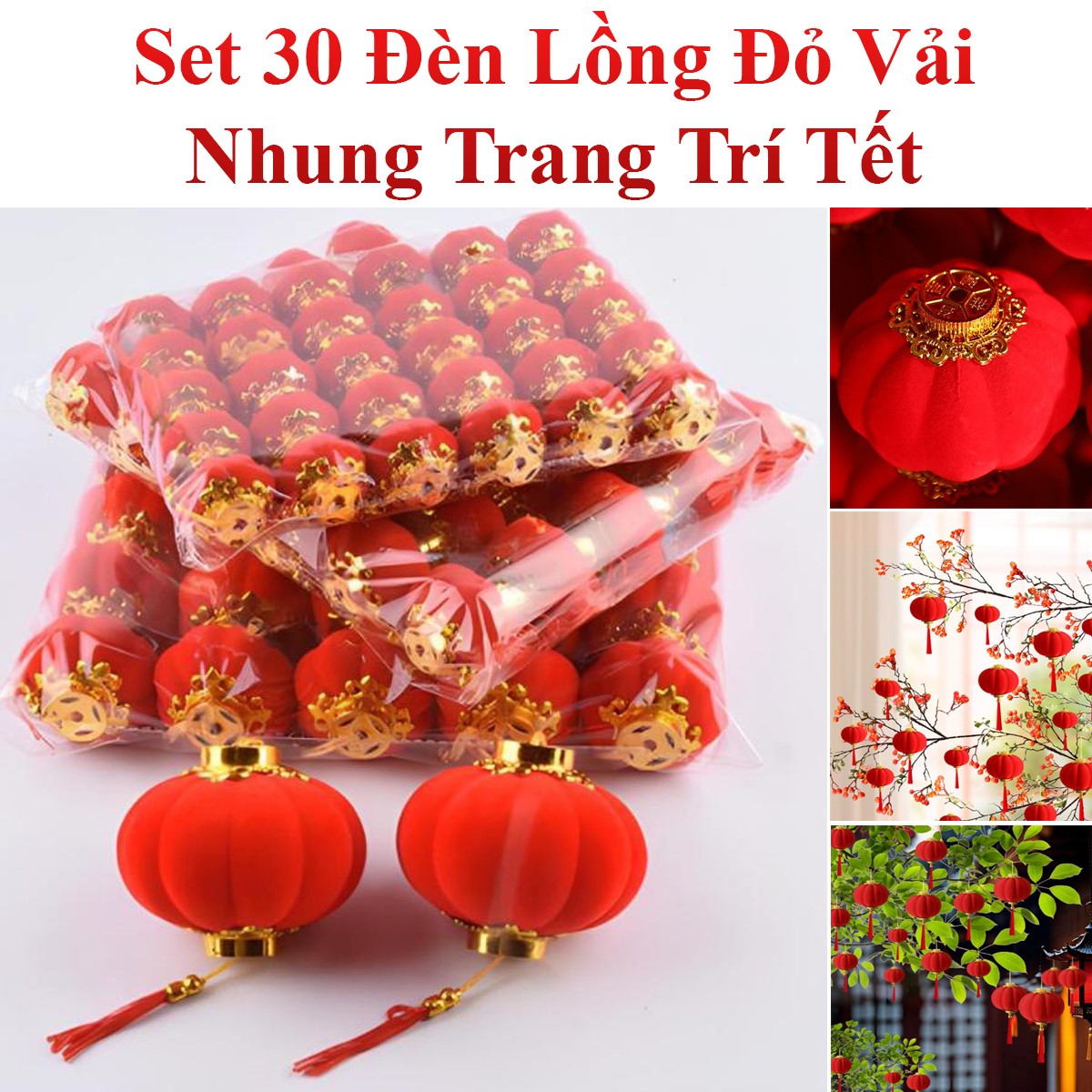 Combo 30 Đèn Lồng Size 3.5Cm Nhung Đỏ Trang Trí Tết Sum Vầy