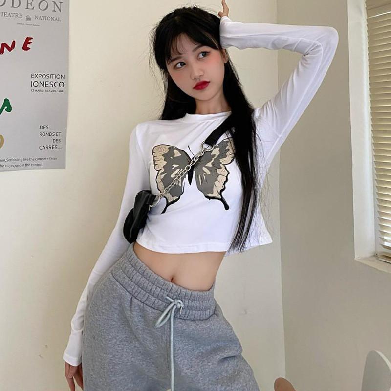 NEW BUTTERFLY Áo Thun Nữ Tay Dài Dáng Ôm In Hình Bướm Thời Trang