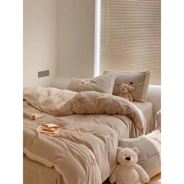 Bô Chăn Ga Gối Nỉ Gấu Teddy Hàng Nhập Khẩu Cao Cấp 4 Món Hot trend