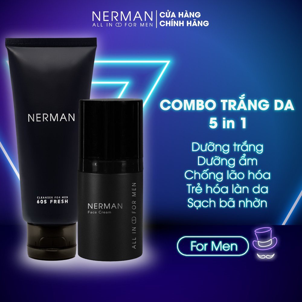 Combo dưỡng trắng da Nerman dùng cho nam giới bao gồm 1 Gel rửa mặt 100ml và 1 kem dưỡng trắng 30g