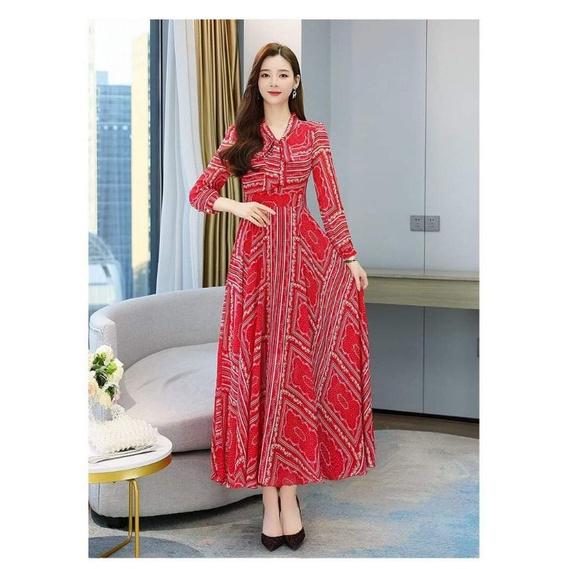 HÀNG NHẬP - ĐẦM MAXI VOAN ĐỎ CỘT NƠ TAY DÀI