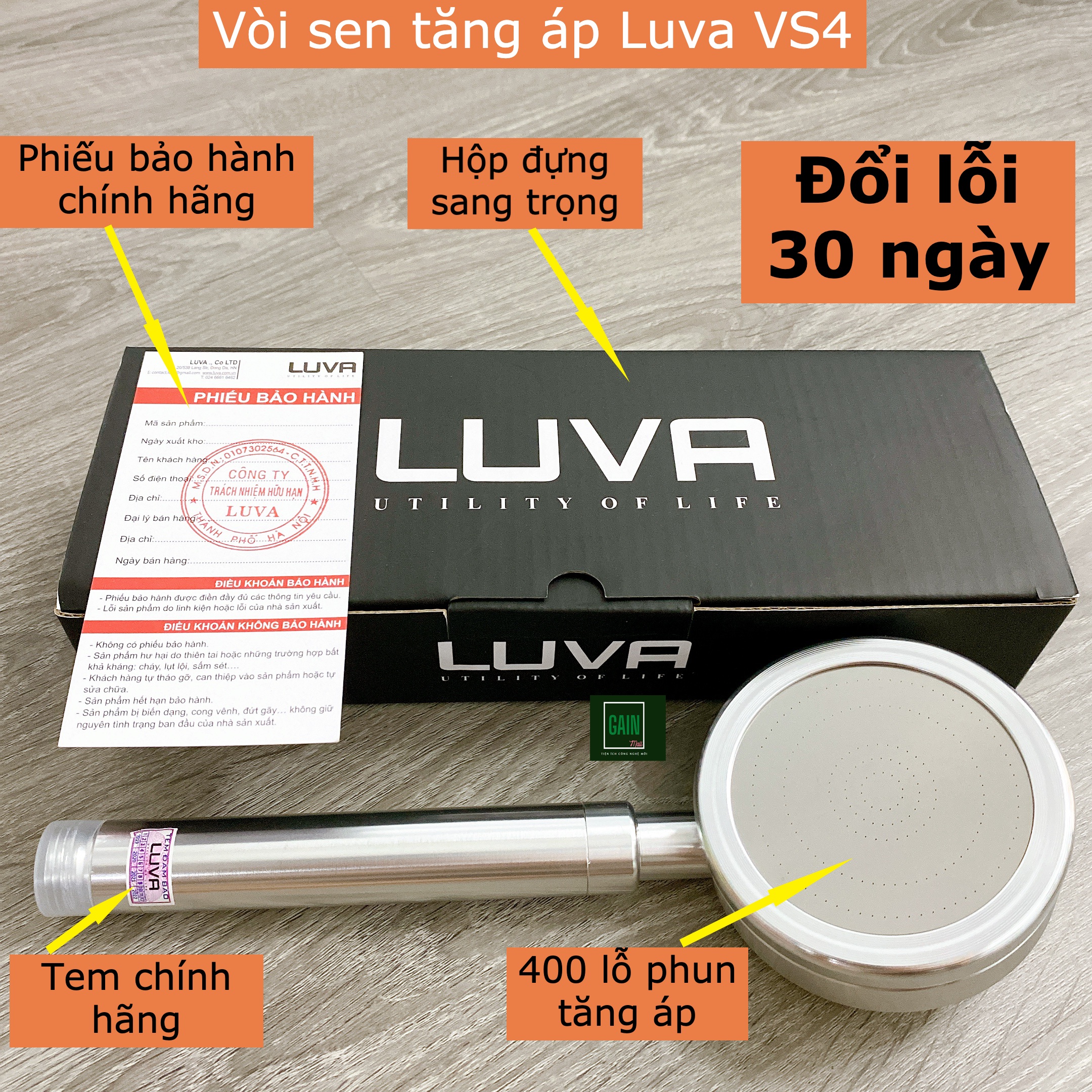 Combo Vòi Sen, Bát Sen Tăng Áp LUVA VS4, Kèm Dây Sen, inox304, chống xoắn, Chính Hãng, BH 12 tháng