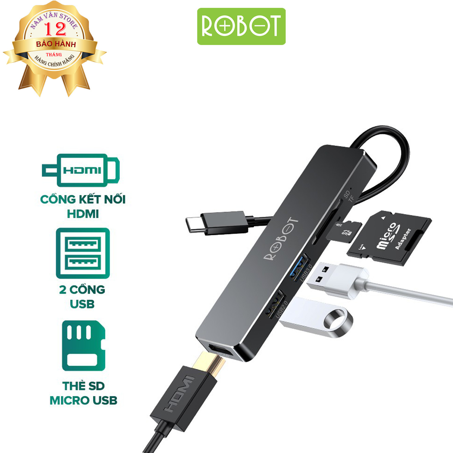 Bộ Chuyển Đổi Đa Năng 5 In 1 ROBOT HT240S Type-C Cổng Kết Nối USB 3.0/HDMI/PD/SD/TF - Hàng Chính Hãng