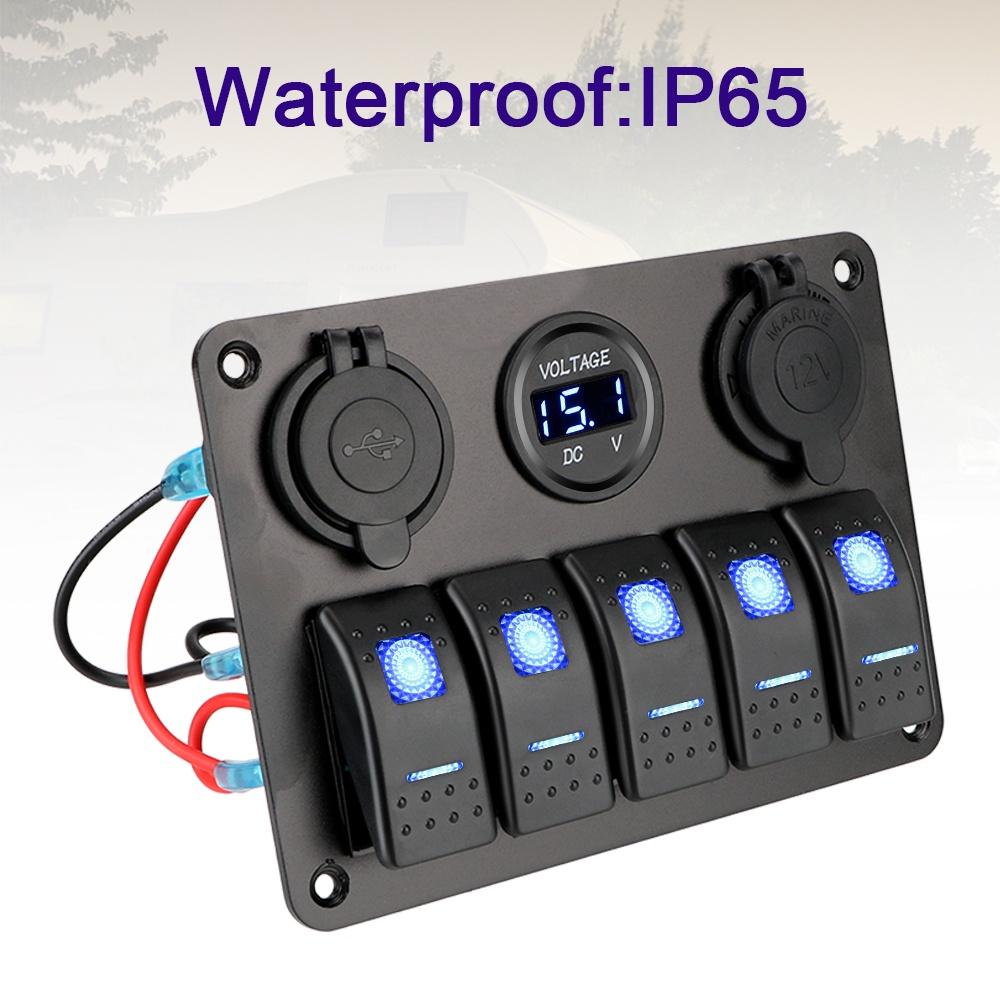 Ổ cắm điện kết hợp cầu chì 12/24V 5 nút chống nước có đèn LED và cổng USB