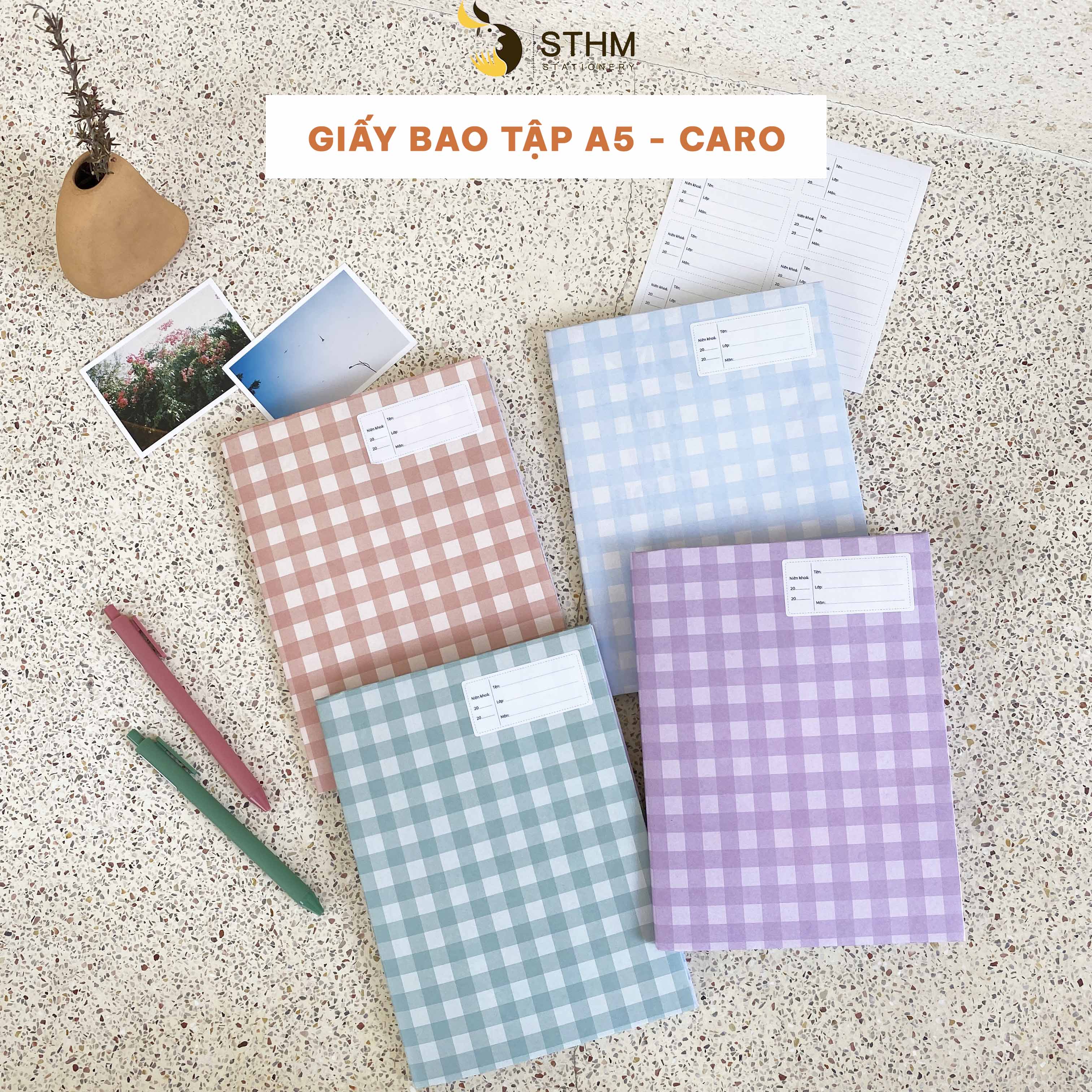 [STHM stationery] - Giấy bao tập A5 - Caro - Kraft trắng 100gsm - Tặng kèm nhãn vở