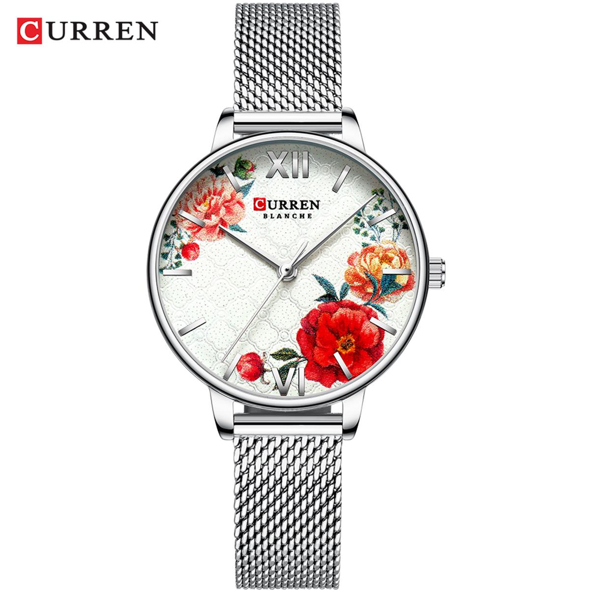 Đồng hồ Nữ CURREN 9060 Quartz Mặt số Hoa Thanh lịch Tinh tế 3ATM Chống thấm nước - Bạc Peony