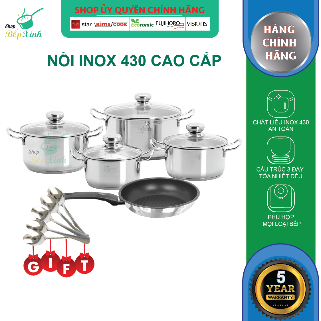 Bộ Nồi Và Chảo Chống Dính Inox 430 Bếp Từ 3 Đáy 5 Món Nắp Kính Fivestar