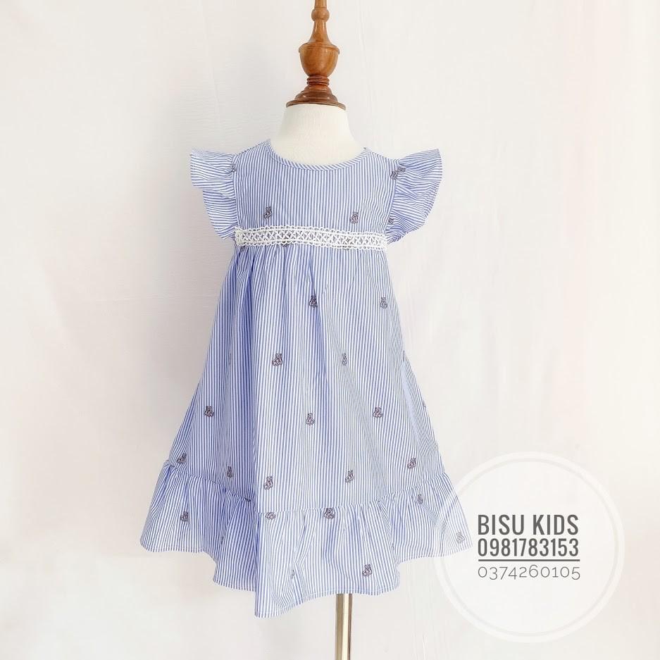 Váy bé gái mùa hè,váy bé gái cánh tiên phối ren họa tiết kẻ sọc thêu gấu dễ thương size 8-32kg_V0621