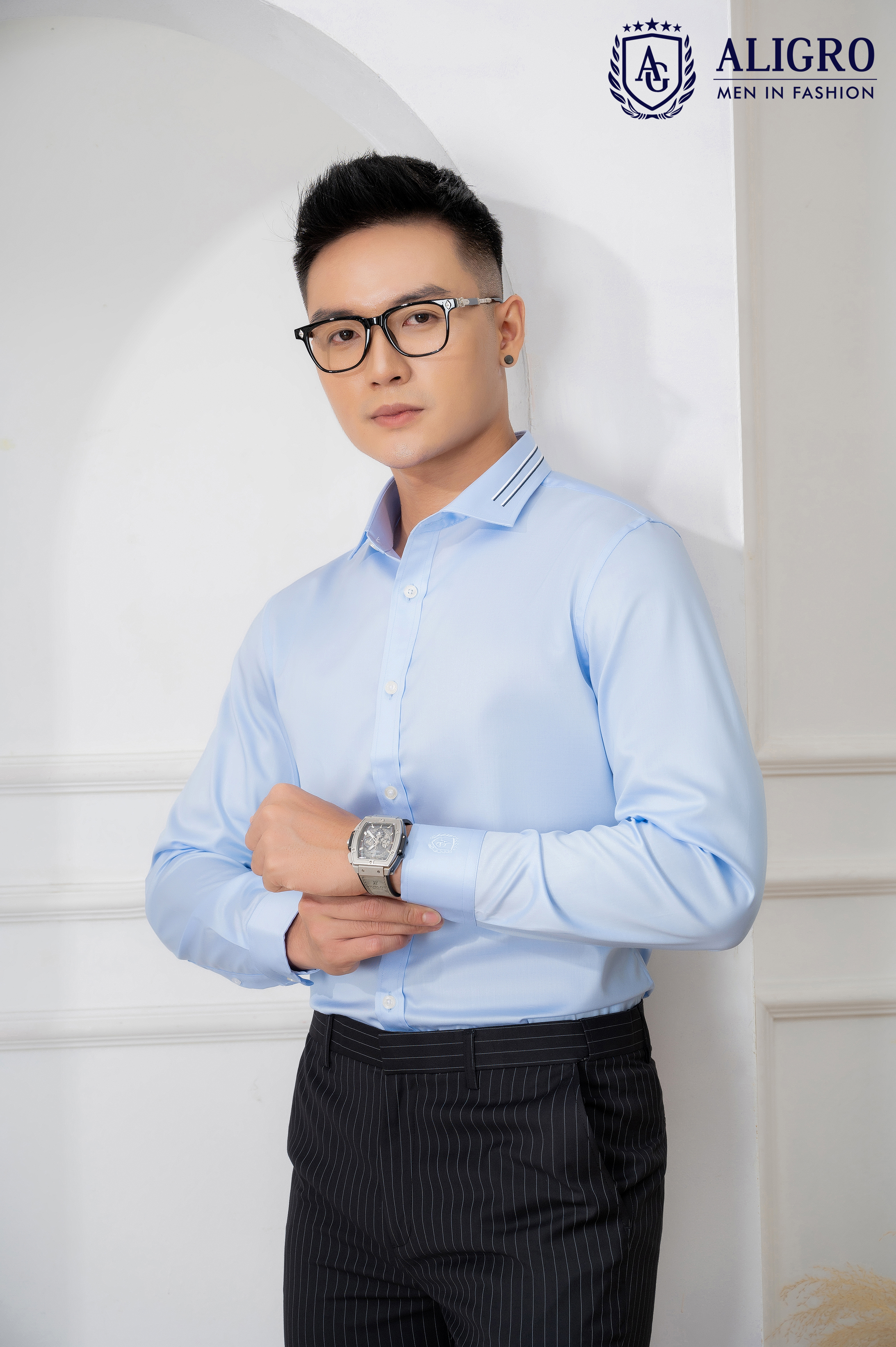 Áo sơ mi nam dài tay ALIGRO chất liệu 100% cotton , cổ bẻ dáng ôm chống nhăn Blue ALGS212