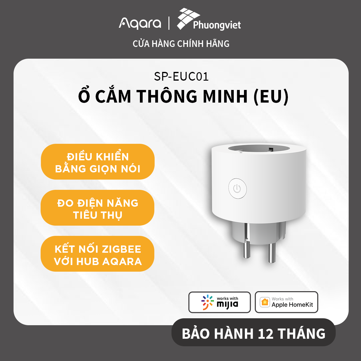 Ổ cắm điện thông minh tiêu chuẩn châu Âu Aqara Smart Plug (EU) SP-EUC01 - Cần trang bị Hub, Tương thích Apple HomeKit - Hàng Chính Hãng