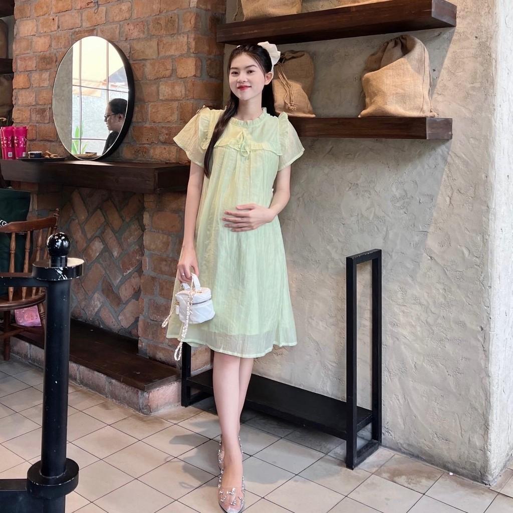 Đầm bầu tơ bèo quanh ngực đính nơ phom suông xinh xắn, đáng yêu - Kem