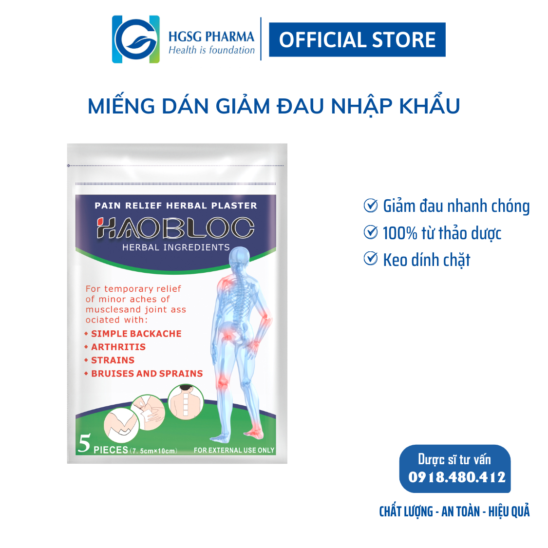 Miếng dán giảm đau thảo dược HGSG pharma HAOBLOC gói 5 miếng (nhập khẩu)