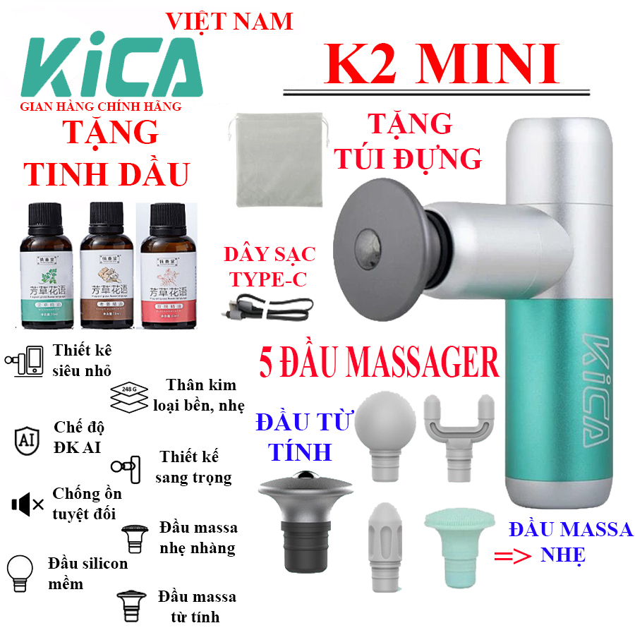 Máy massage mini KICA MINI - KICA K2 MINI thân máy kim loại siêu nhỏ kèm 4 đầu massa silicon và 1 đầu từ tính