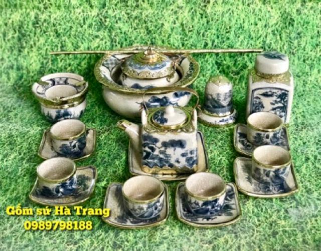 Bộ ấm chén men rạn bọc đồng Gốm sứ Bát Tràng cao cấp full set y hình