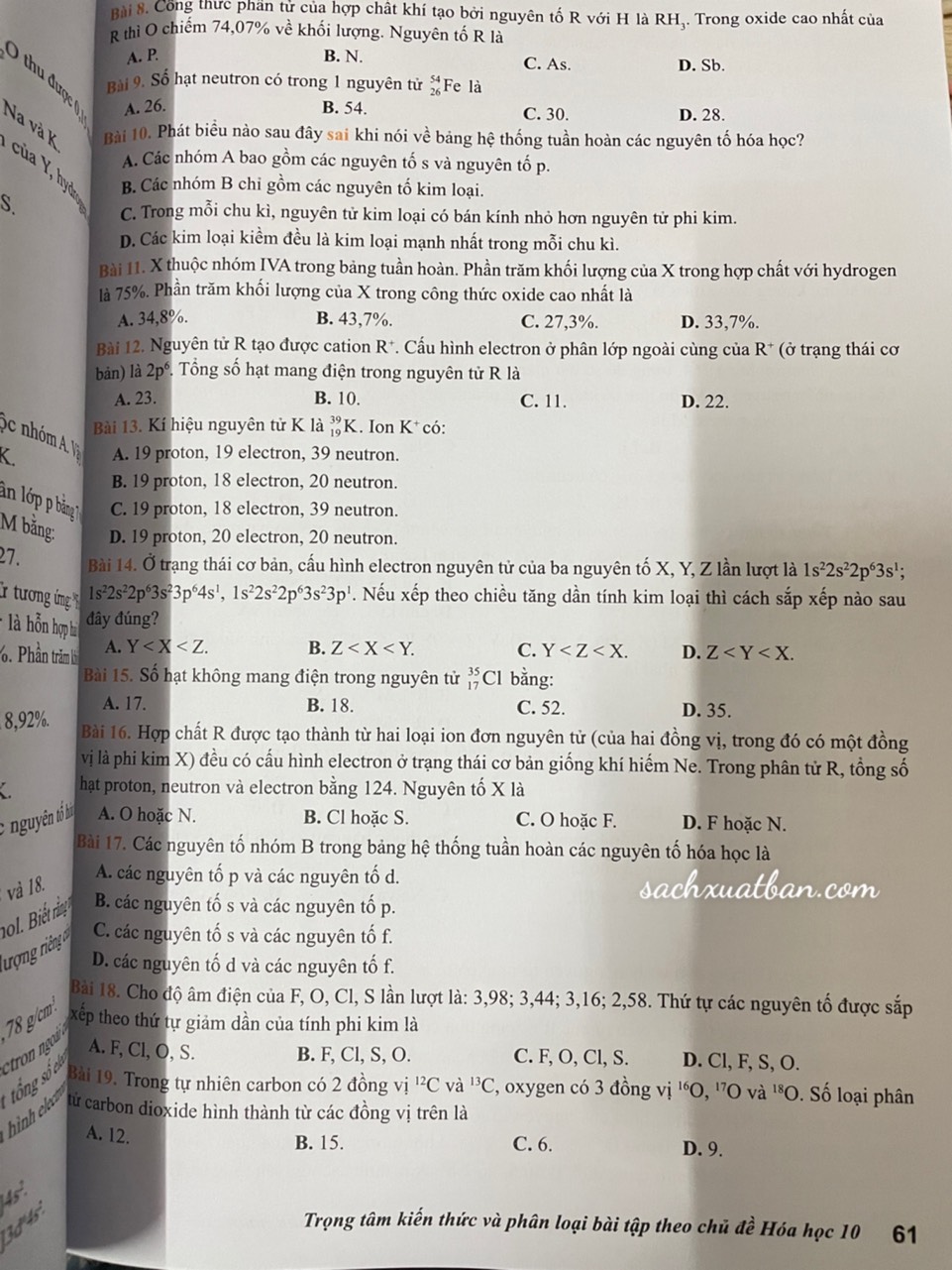 Sách Trọng Tâm Kiến Thức Và Phân Loại Bài Tập Theo Chủ Đề Hóa Học 10 - Biên soạn theo chương trình GDPT mới