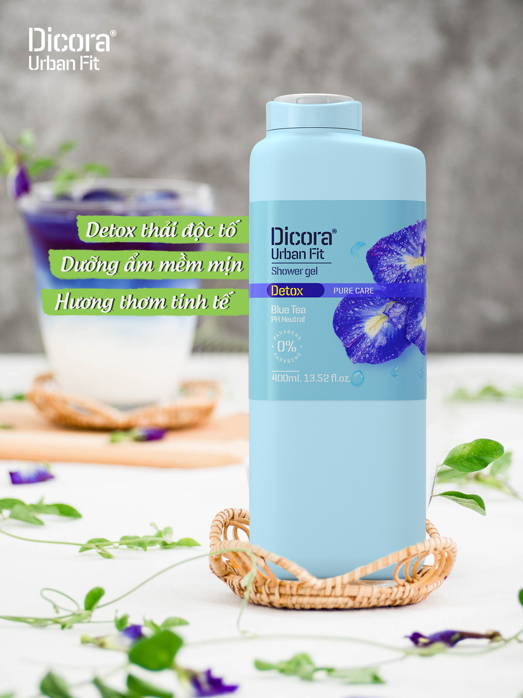 Sữa tắm Dicora Urban Fit detox pure care blue tea hoa đậu biếc giúp dưỡng ẩm, làm mềm da 400ml