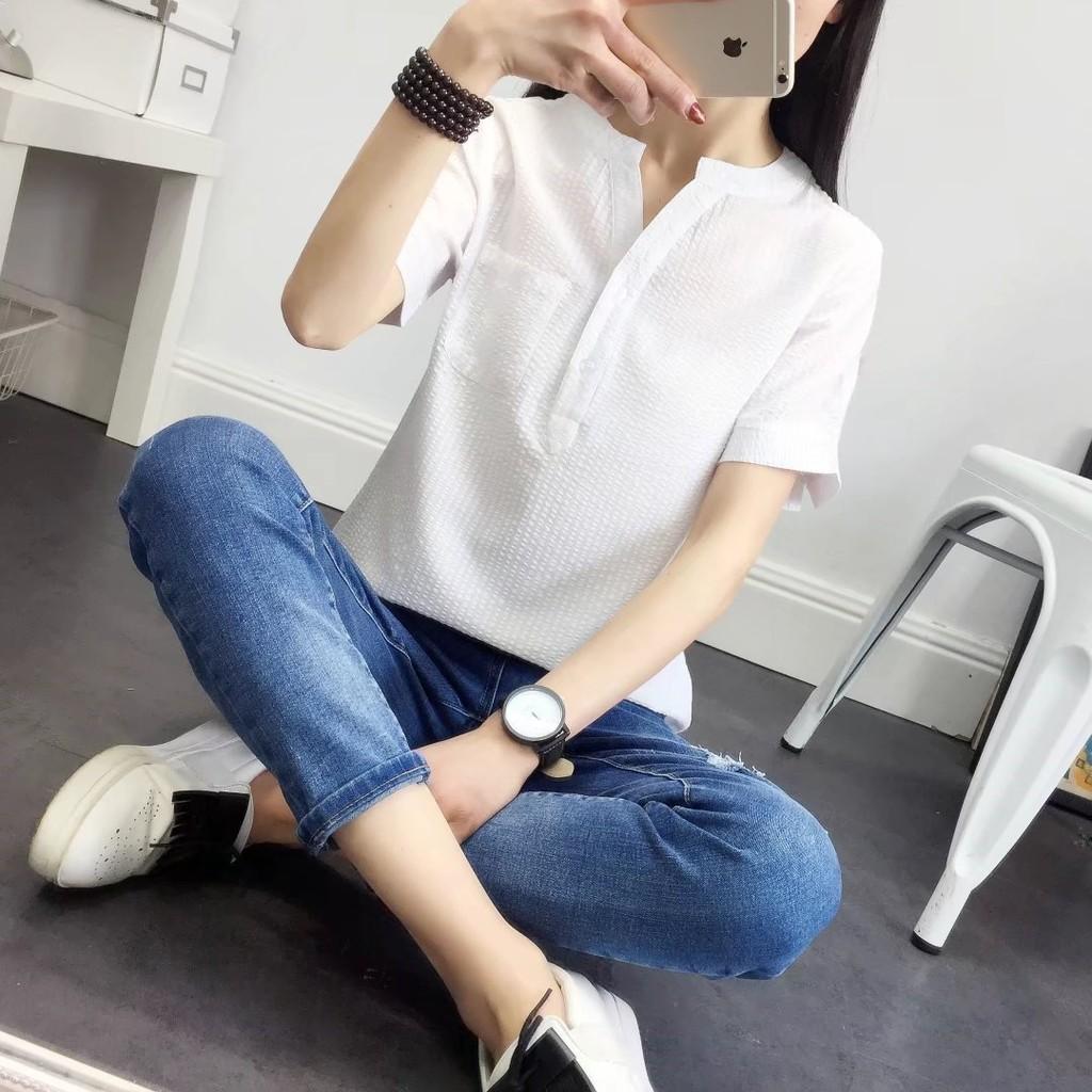 Áo sơ mi nữ Haint Boutique áo cổ tàu thiết kế kẻ sọc nhỏ s51