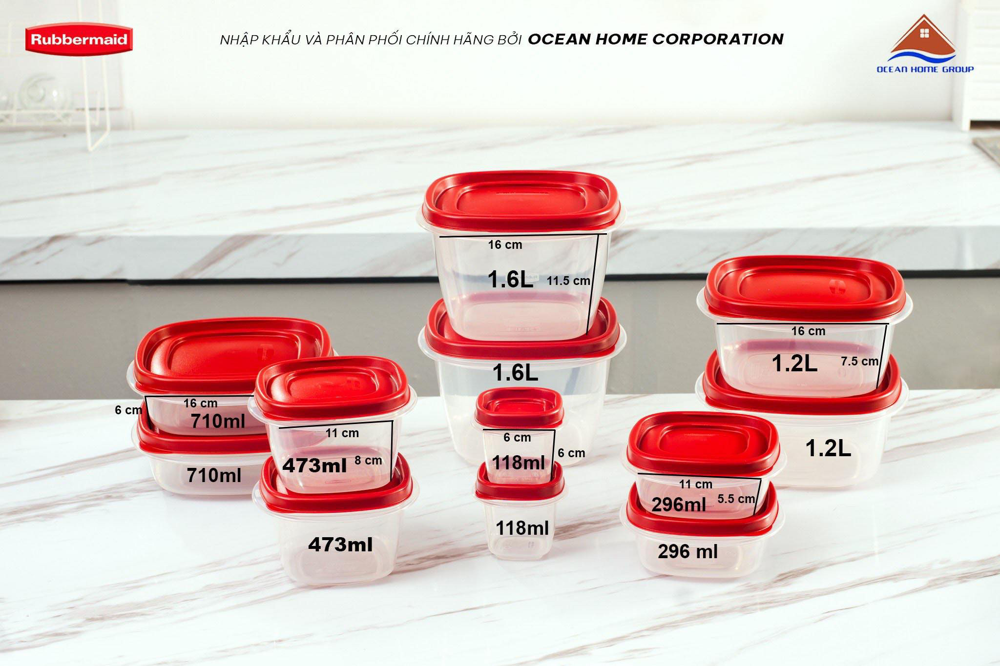 Hộp đựng thực phẩm Rubbermaid nắp đỏ 12 size - An toàn vệ sinh