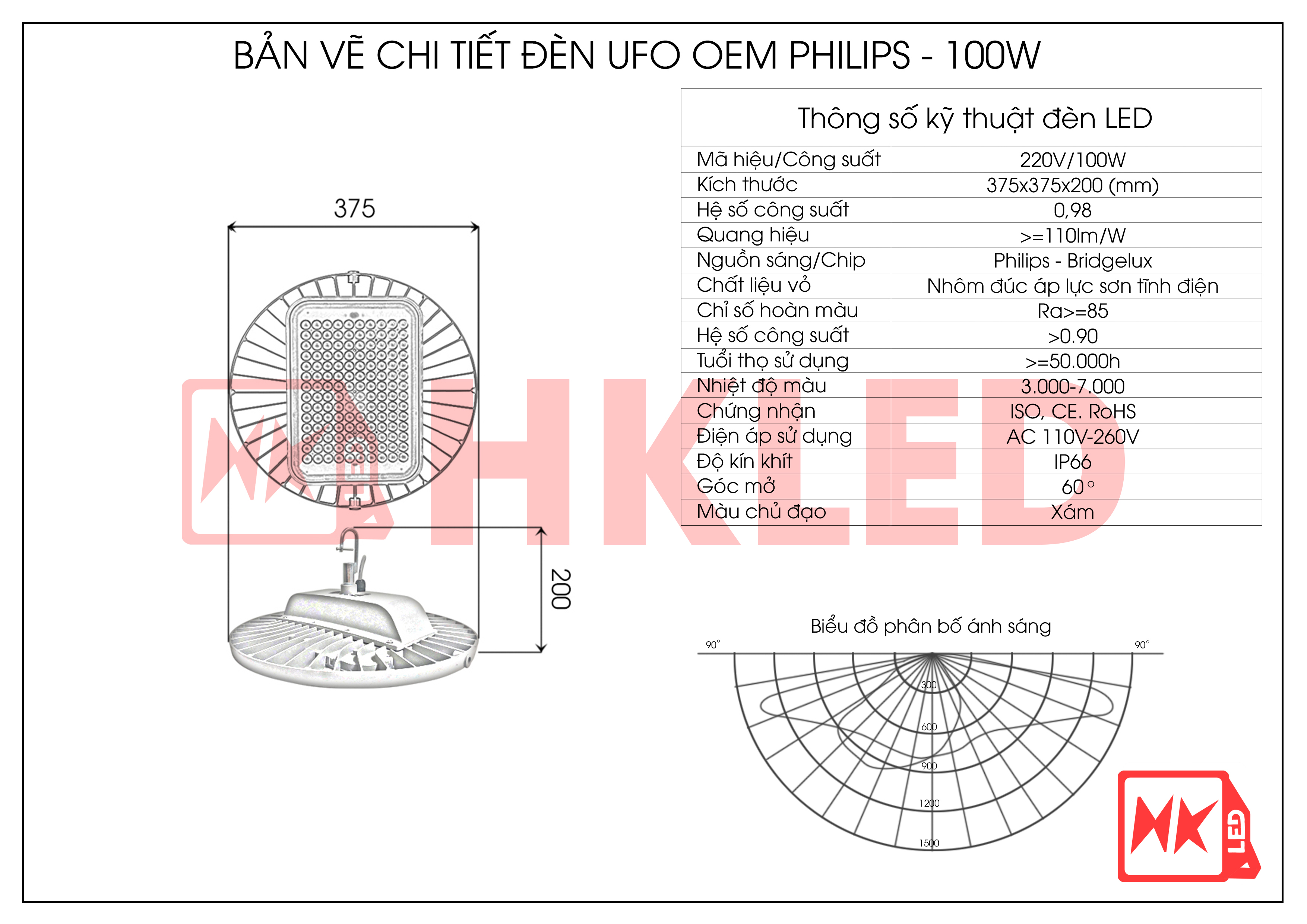 HKLED - Đèn nhà thi đấu, nhà xưởng UFO OEM Philips 100W - DNXUP100