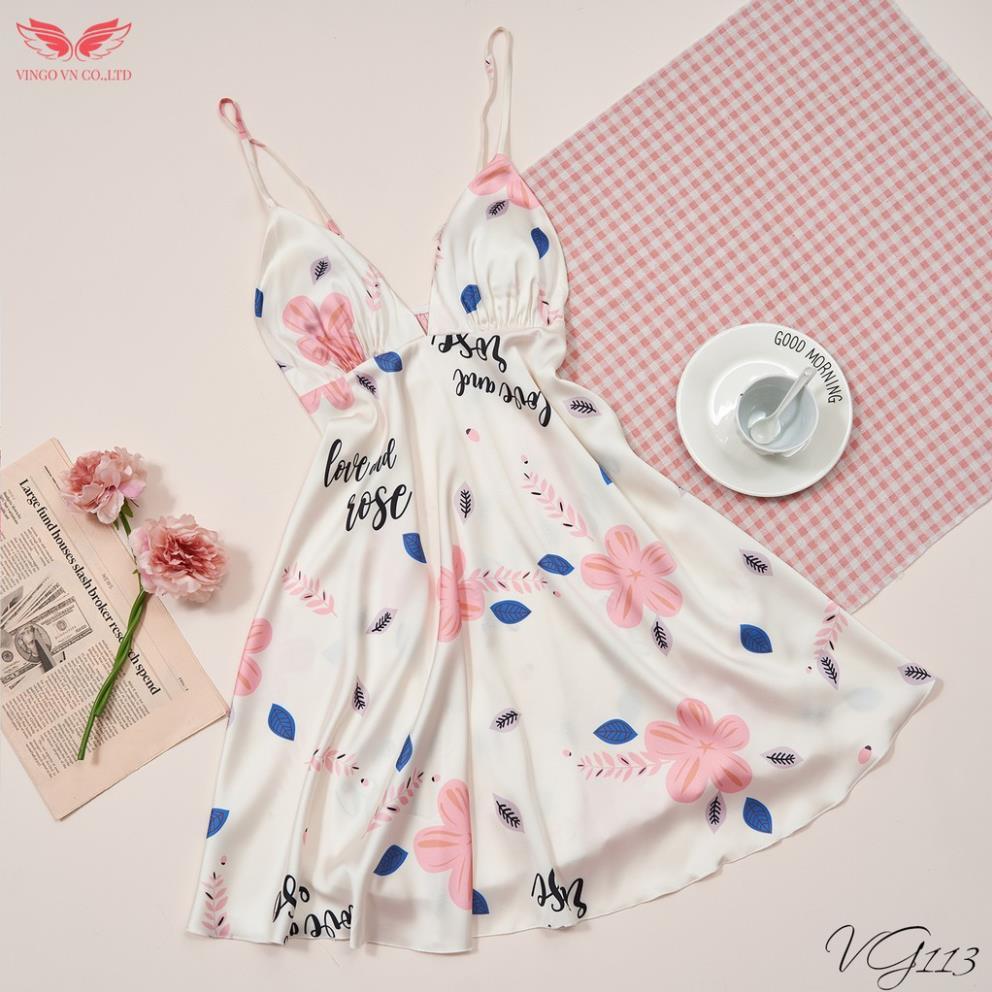 VINGO Váy Ngủ Mặc Nhà Hai Dây Nữ Lụa Pháp Cao Cấp Họa Tiết Bông Hoa Và Chữ Phối Nền Be Ngọt Ngào VG113 VNGO