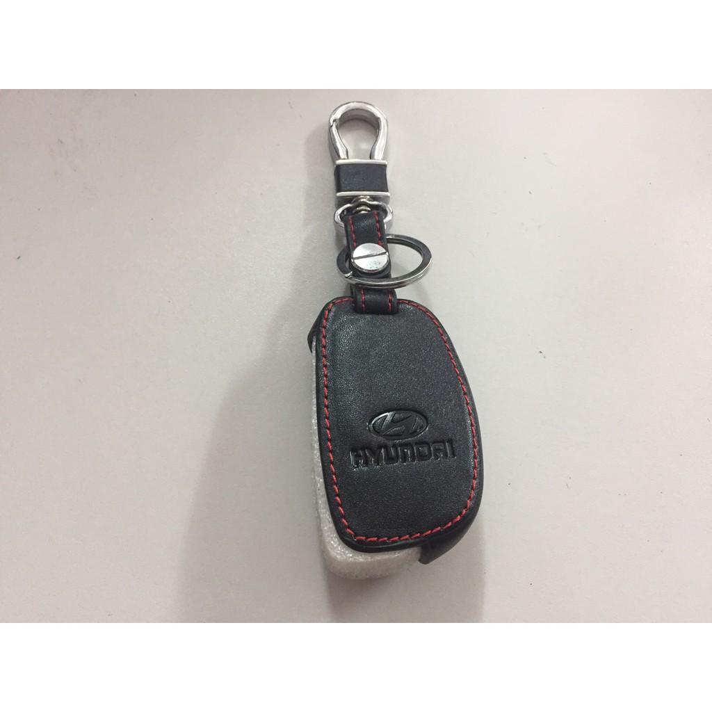 Bao da chìa khóa đen chỉ đỏ dành cho xe GRAND I10, Elantra - chìa gập