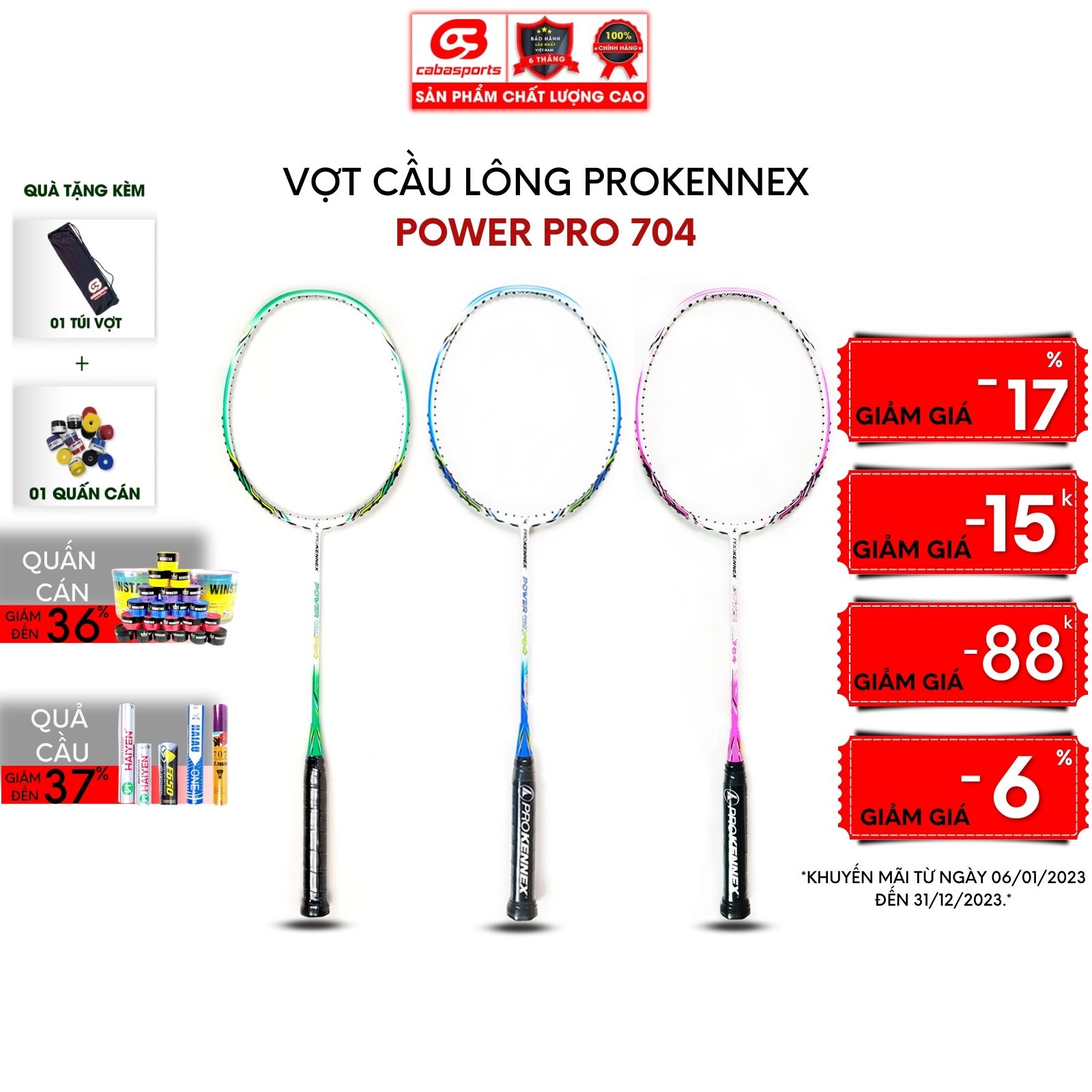 Vợt cầu lông Prokennex POWER PRO 704 chính hãng giá rẻ công thủ toàn diện (1 cây) - - Tặng kèm quấn cán và túi vải Cabasports