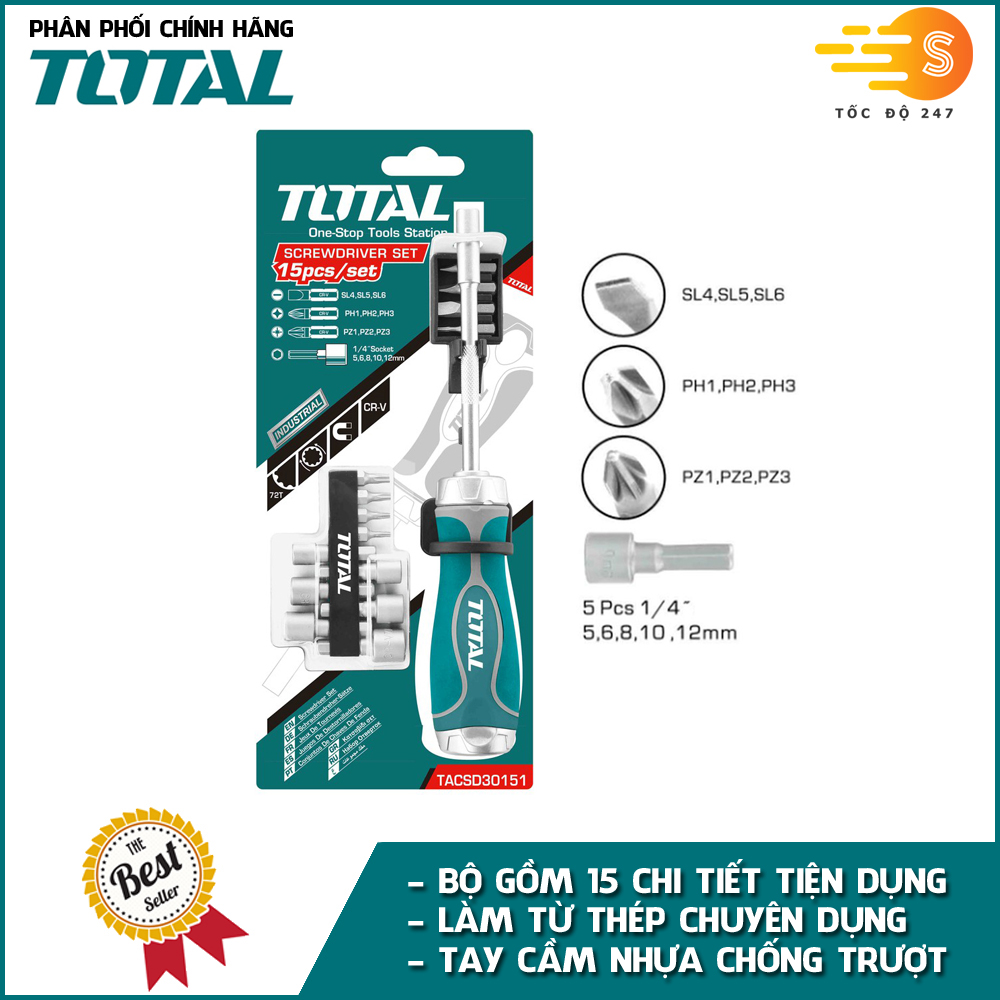 Bộ tua vít 15 chi tiết đa năng TOTAL TACSD30156 - nhiều loại mũi vít, tay cầm nhựa nhám chắc chắn, thép chuyên dụng CR-V, có từ tính