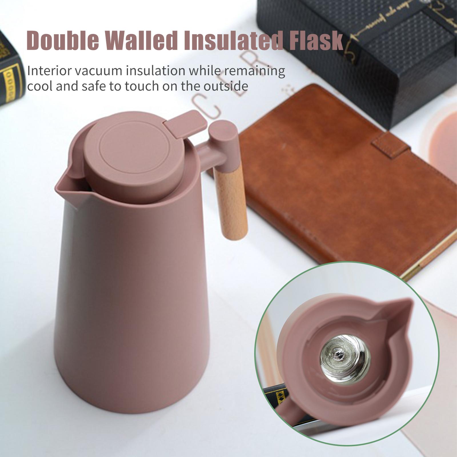 1L Thermal Coffee Carafe Double Wall Vacuum Coffee Pot Tea Carafe Thermos Pot Wood Handle Water Kettle Insulated Flask