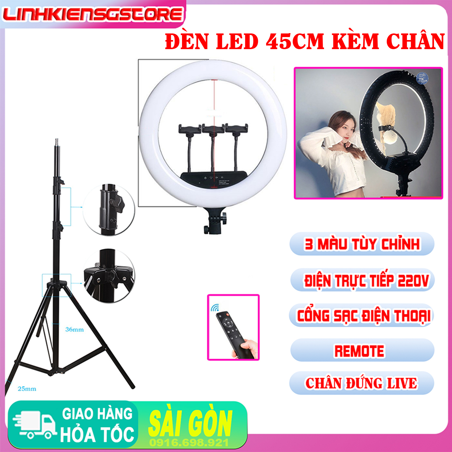 Đèn live size 45cm KÈM CHÂN livestream makeup trang điểm siêu lớn siêu sáng LIVE