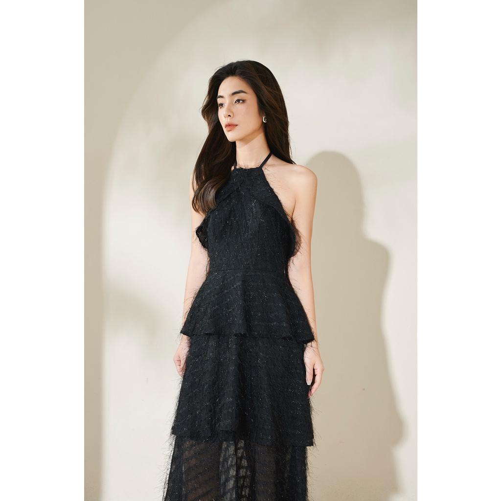 Đầm lông vũ đen nhiều tầng cổ yếm - Elise Black Fur Dress - Walenty