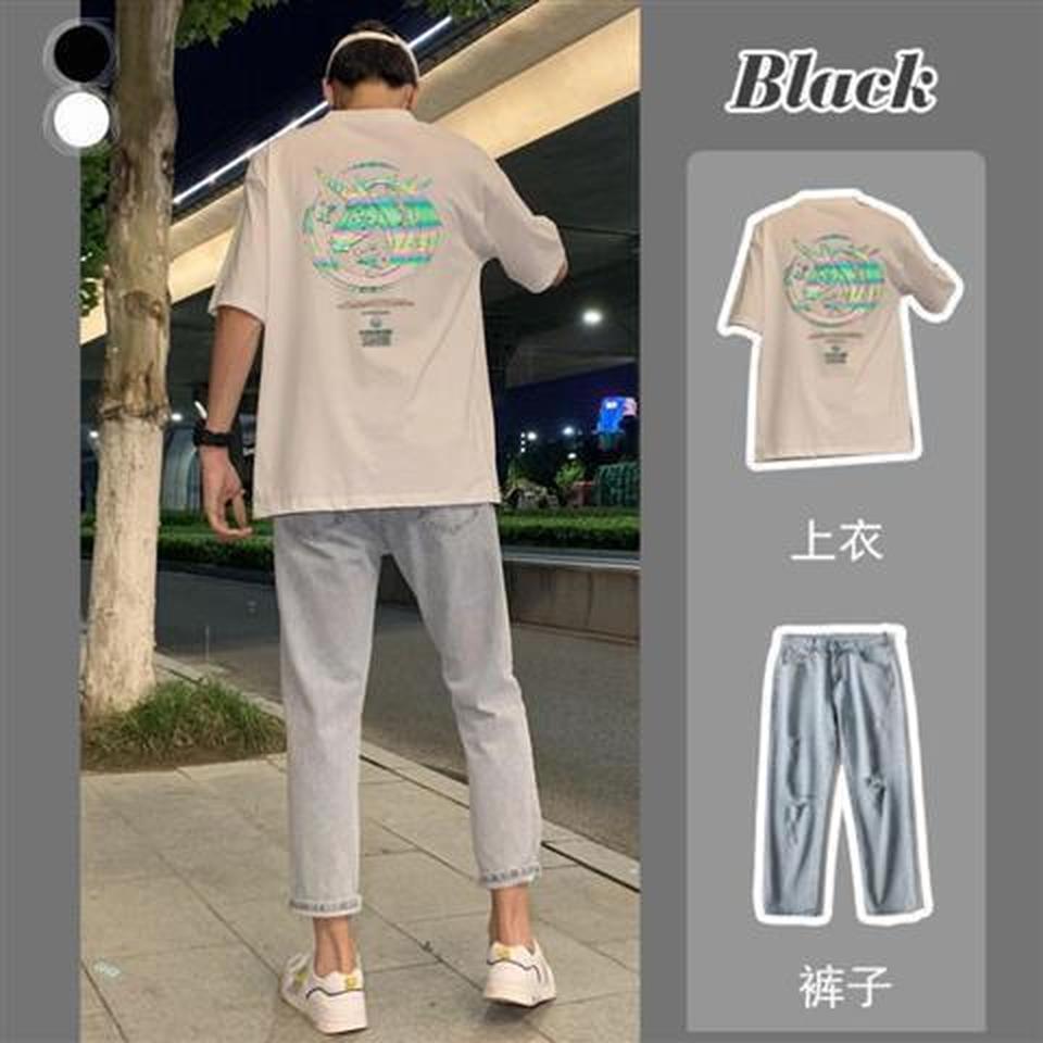 Set Áo Thun Tay Ngắn Cổ Tròn + Quần Dài Dáng Rộng Thời Trang Mùa Hè 2020 Phong Cách Hong Kong Cho Nam