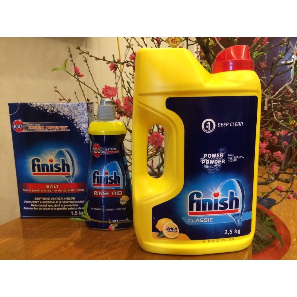Combo Bột rửa bát Finish 2.5kg+Muối rửa bát Alio 2 kg+Bóng Finish 750ml + Tặng 3 viên dùng thử