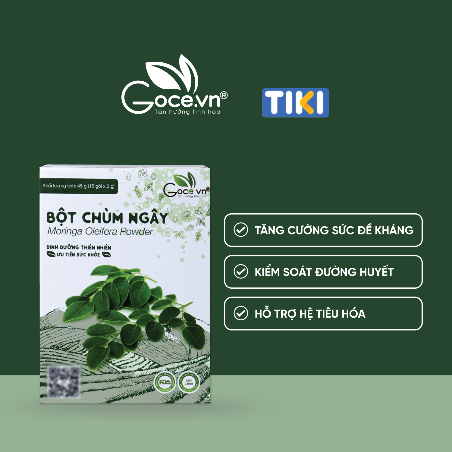 Bột chùm ngây nguyên chất Goce - 45g (15 gói x 3g) ST