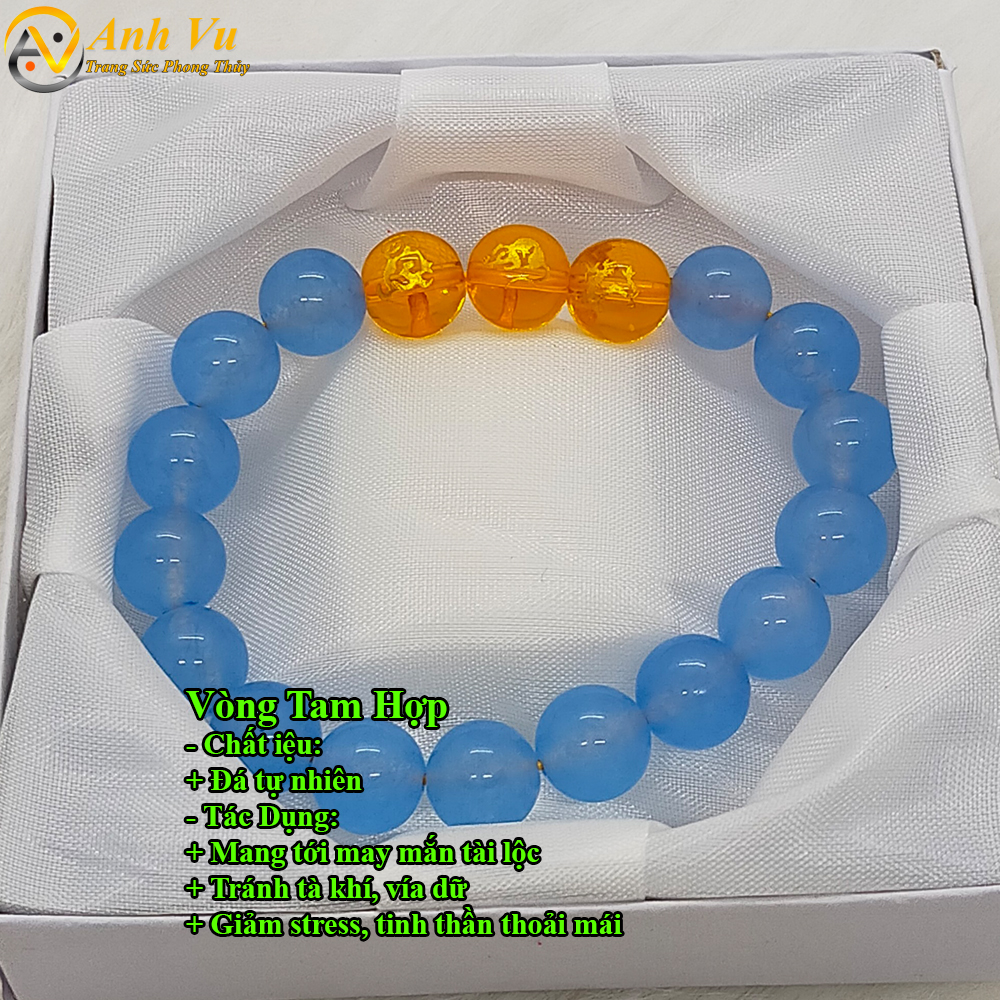 Vòng tam hợp thân tý thìn chất liệu đá mã não xanh - Vòng tay phong thủy mệnh thủy cho nữ - May mắn tài lộc