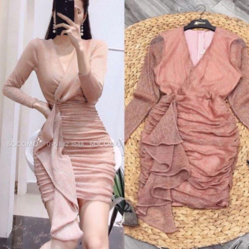 Đầm ôm nhũ kim tuyến ( Size S-M-L-XL ) tay dài cổ V đắp chéo eo phối bèo HÀNG THIẾT KẾ Cao Cấp