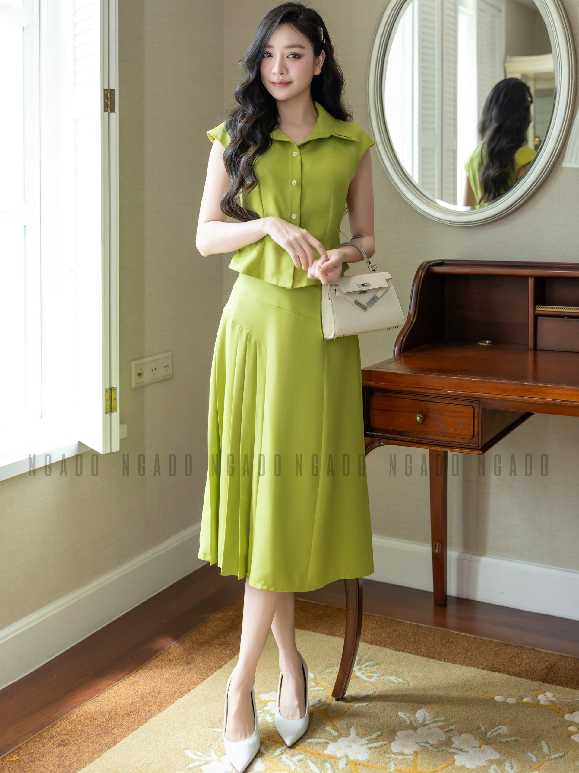 Set áo váy xanh bơ tay con NGADO , set áo váy dài , set kiểu Nữ
