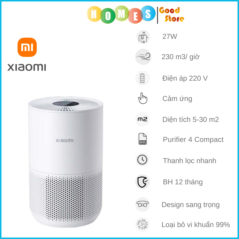 Máy Lọc Không Khí XIAOMI Smart Air Purifier 4 Compact, Khử Khuẩn UV, Khử Mùi Hôi, Kết Nối App, Phù Hợp Diện Tích 30m2, Công Suất 27W - Hàng Chính Hãng