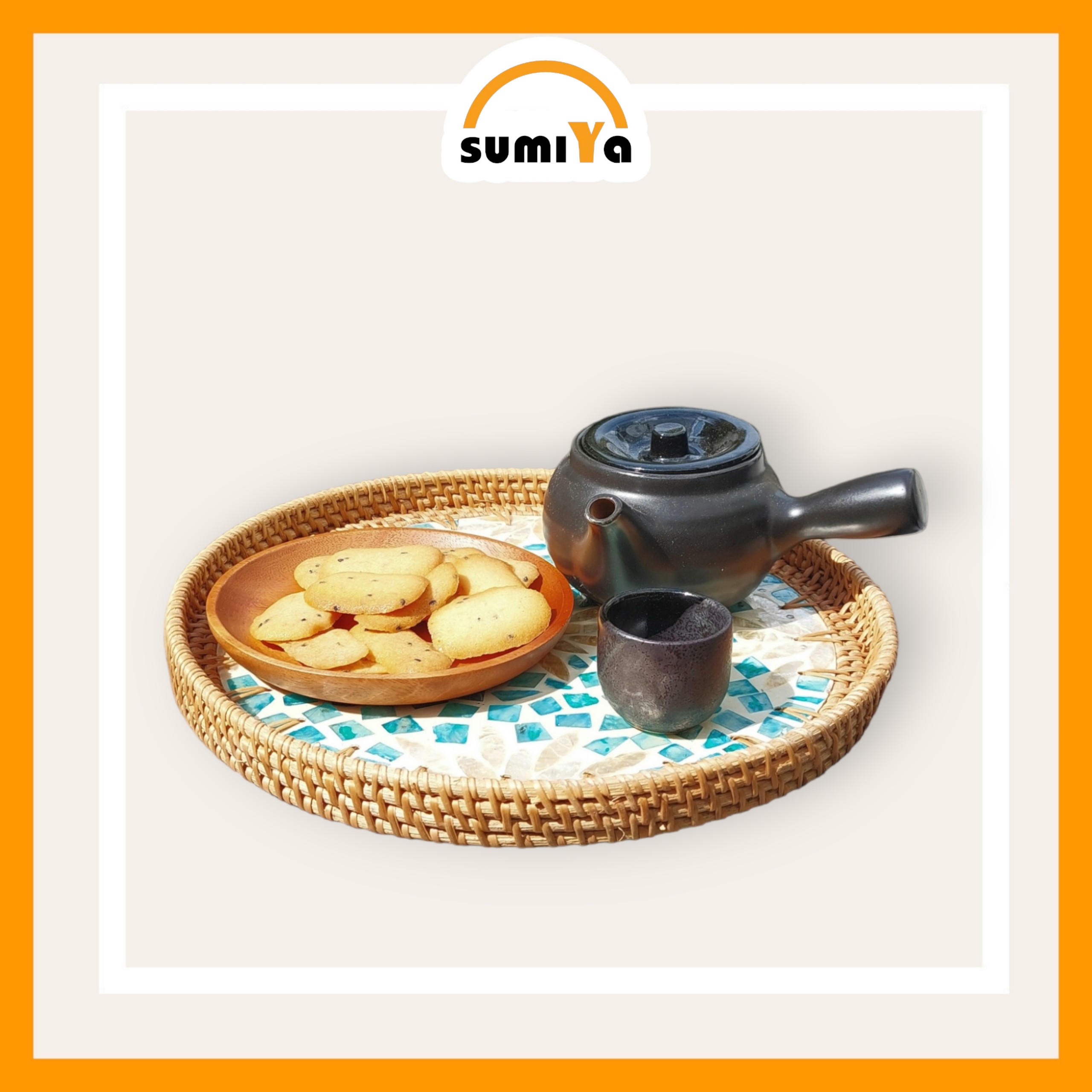 Đĩa mây xiên khảm sứ tròn, đĩa mây xiên tự nhiên đựng trái cây, bánh kẹo trang trí