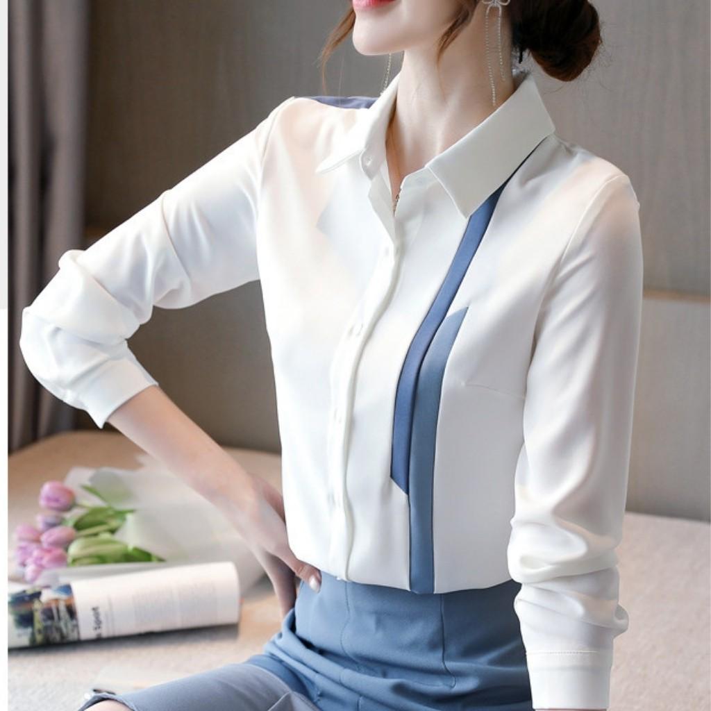 Áo so mi nữ trắng dài tay phối viền ghép Mã A685 Thời trang TOP FASHION SHOP